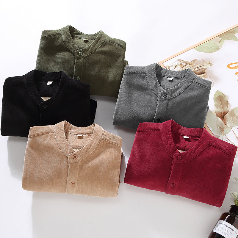 Flannel-lined Thick Warm Corduroy Small Stand-collar Shirt Jacket